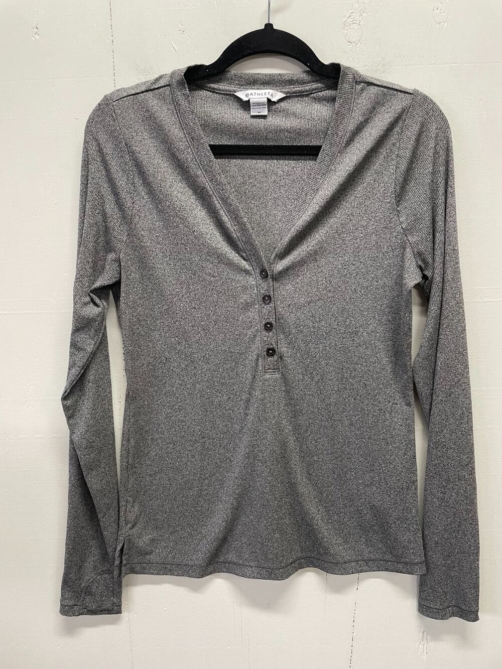 Athleta Ribbed Henley Long Sleeve heather Gray V-Neck Thumbholes Medium